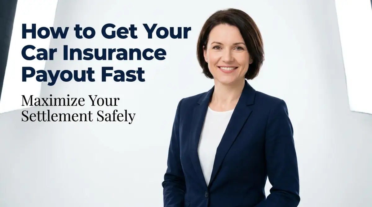 A friendly professional woman standing next to text explaining how to get your car insurance payout fast and maximize your settlement safely.