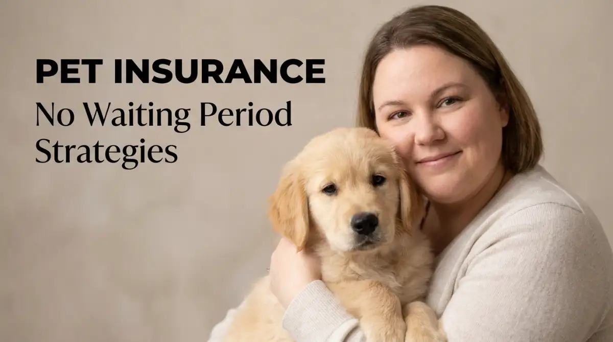 A happy female pet owner hugging her healthy puppy to illustrate how to get pet insurance with no waiting period for immediate veterinary care.
