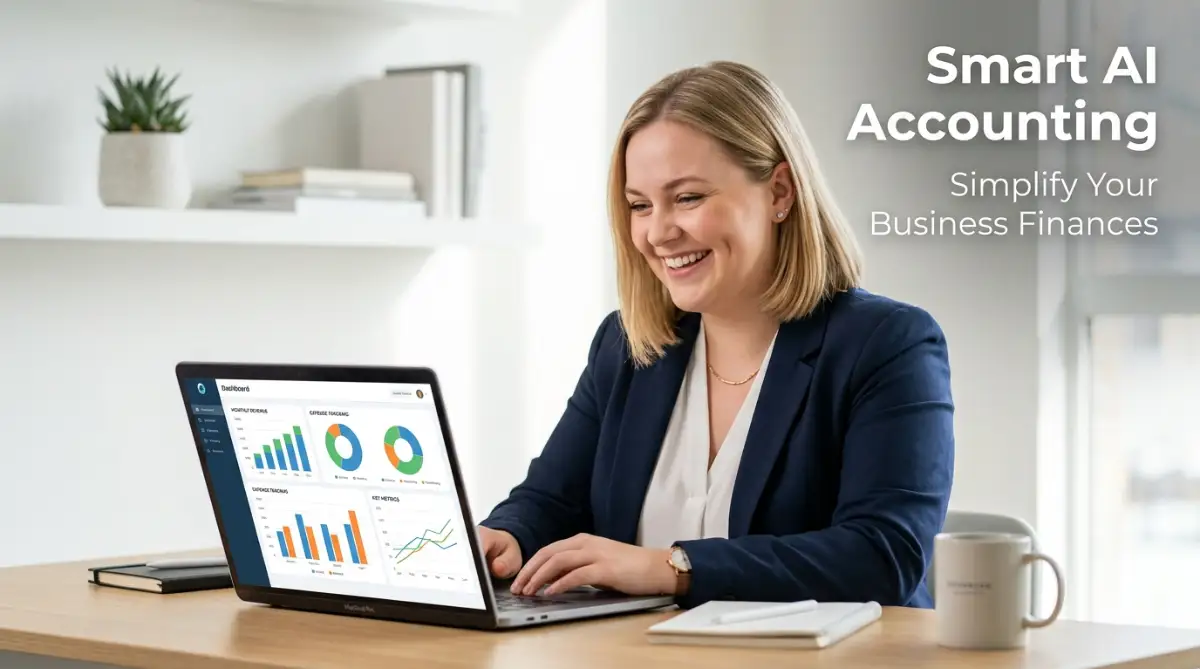 A professional, round-faced fair female entrepreneur smiling happily while using the best AI accounting software for small business on her laptop in a bright office.