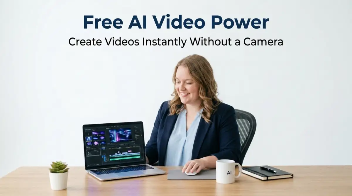 Fair female creator smiling at a laptop showing free AI video generators.