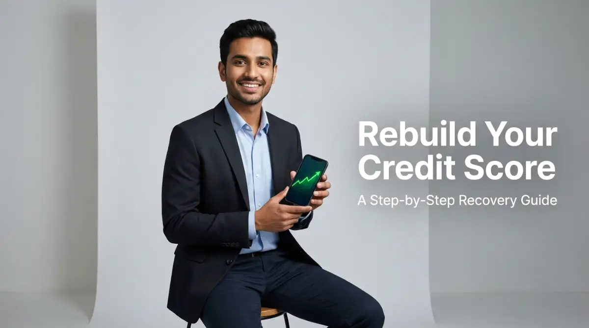 A smiling young man looks at his rising credit score on his phone, demonstrating how to raise credit score fast after a financial setback.