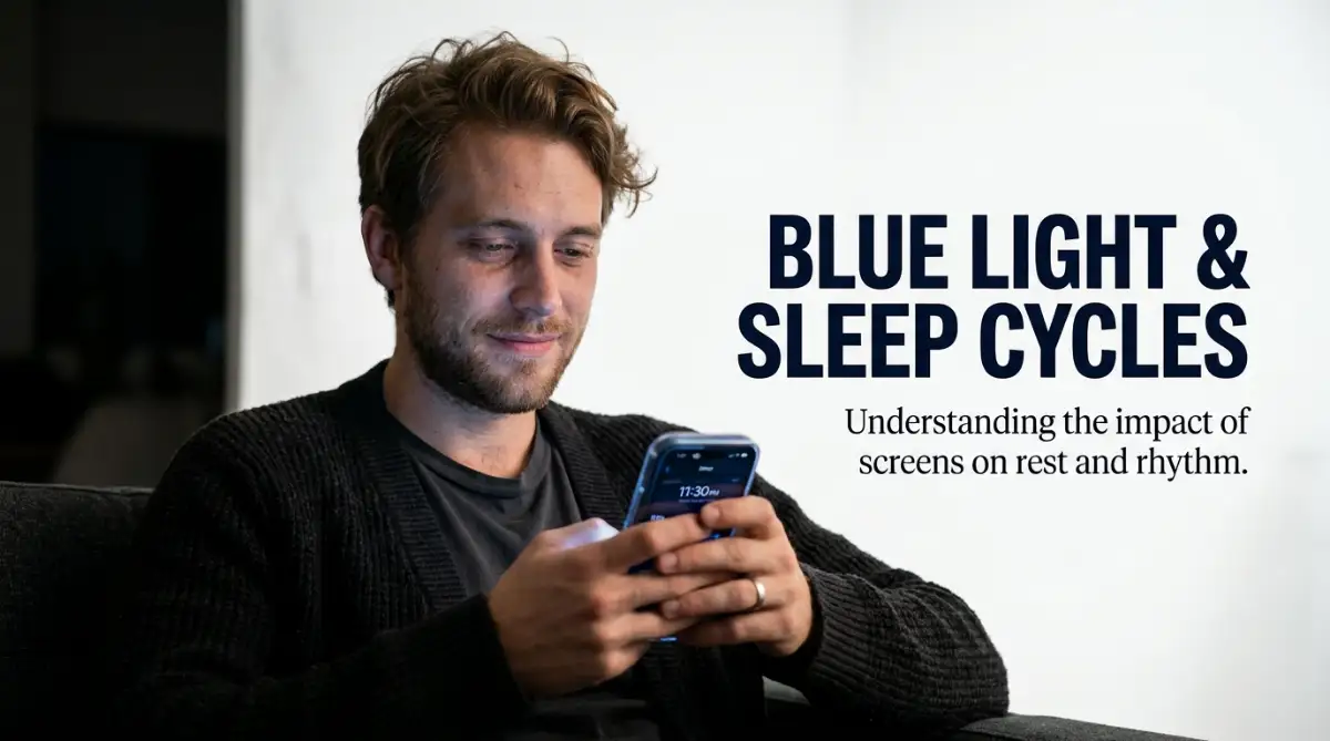 A smart young man holding a smartphone in a dimly lit room, illustrating how blue light and sleep cycles are deeply connected in our daily lives.