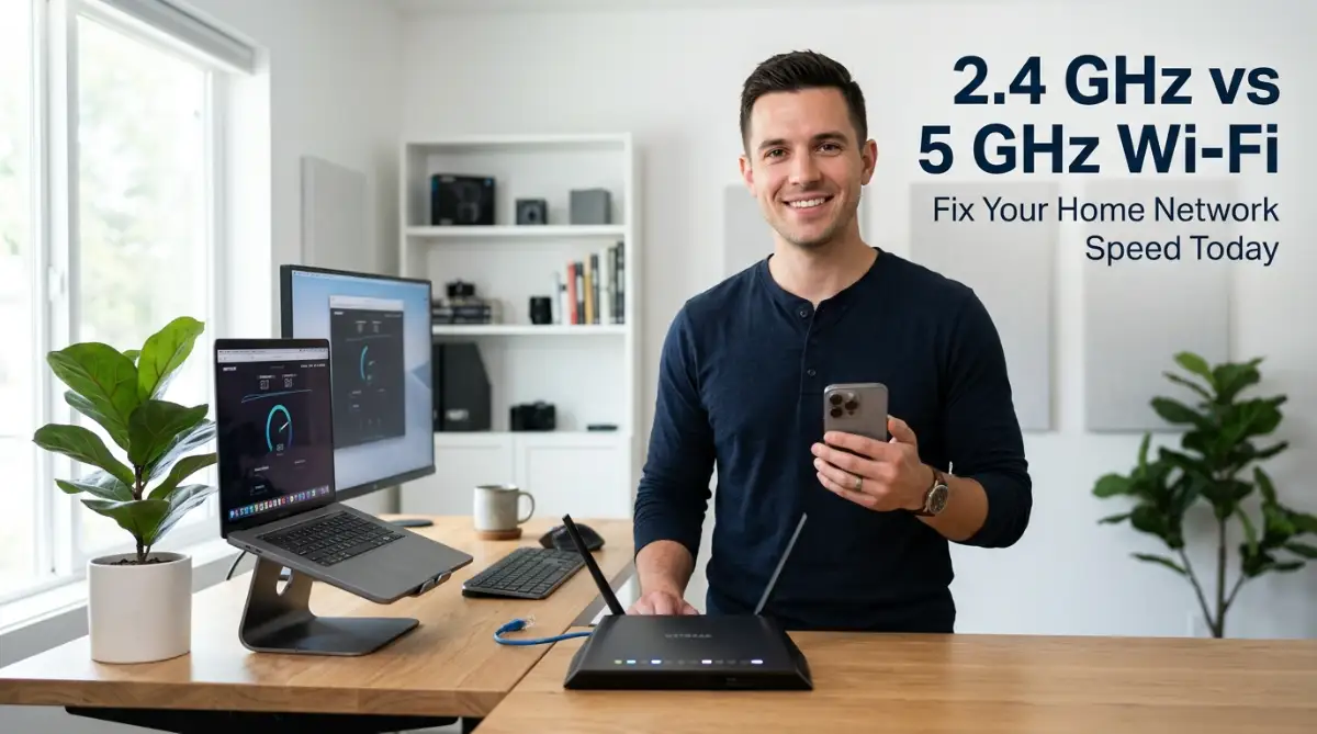 A young man testing home wireless internet speed using a dual band router to compare 2.4 GHz and 5 GHz signals.